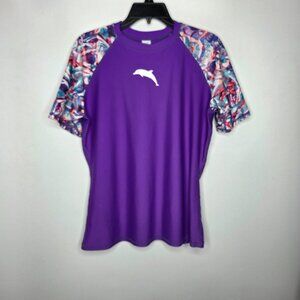 HALCURT Rashguard Top Women’s XL Geometric Dolphin Short Sleeve Stretch Swim